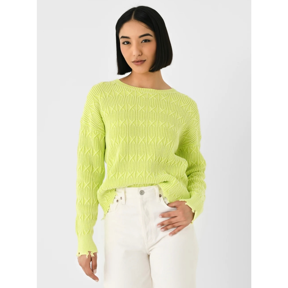 J SOCIETY Acid Wash Crew Sweater with Distressed Trim Neon Yellow Green S